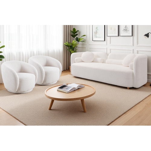 3-Piece White Boucle Loveseat and Swivel Accent Chair Living Room Set