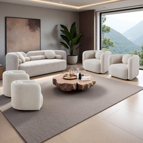 Light Beige Boucle 5-Piece Set with 88.58-Inch Solid Wood Sofa