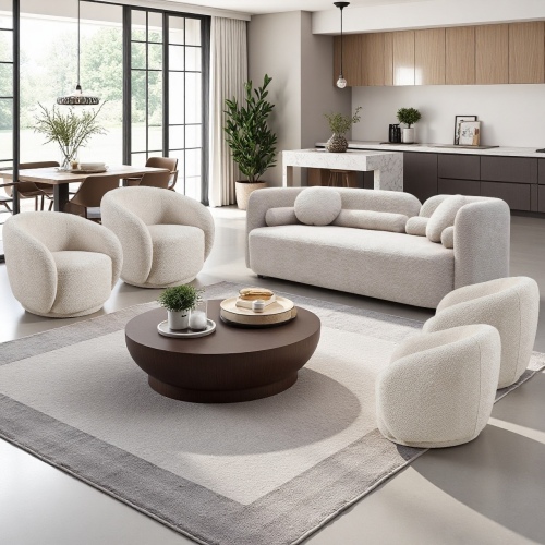 Light Beige 5-Piece Polyester Sofa & Swivel Barrel Chair Set