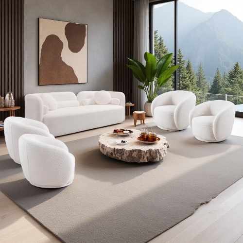 White Boucle 5-Piece Sofa Set with 3-Seater and 4 Swivel Chairs
