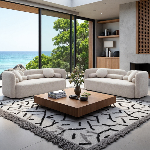 Modern Light Beige Boucle 3-Seat Sofa Set of 2, Solid Wood Frames