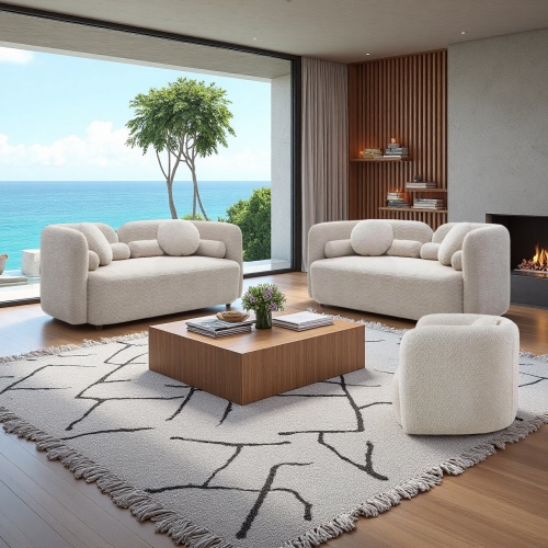 3-Piece Light Beige Boucle Living Room Set with Solid Wood Frames