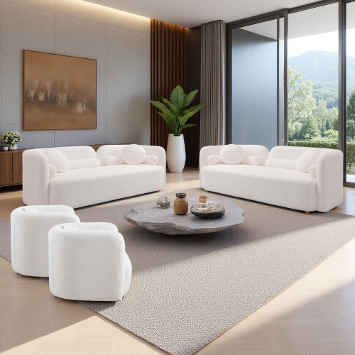 4-Piece White Boucle 8-Seat Sofa and Accent Chair Living Room Set