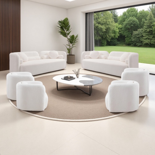 6-Piece White Boucle Fabric 9-Seat Living Room Sofa and Chair Set