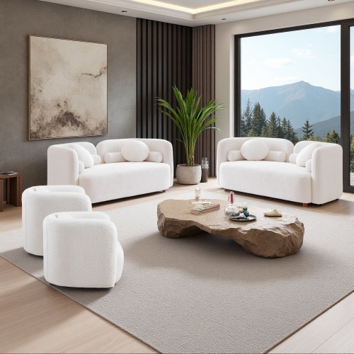 White Boucle Fabric 4-Piece Sofa Set with Loveseats and Armchairs