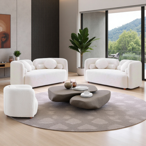 White Bouclé 3-Piece Sofa Set with Loveseats and Accent Chair