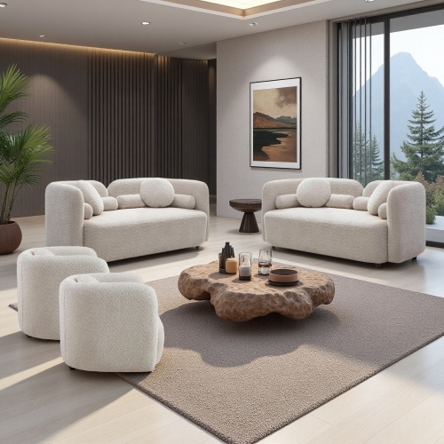 4-Piece Light Beige Boucle Living Room Set with Solid Wood Frames