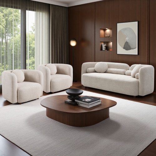 3-Piece Light Beige 3-Seat Sofa and Chair Set, Solid Eucalyptus