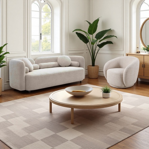 Light Beige 2-Piece Boucle Sofa and Swivel Chair Living Room Set