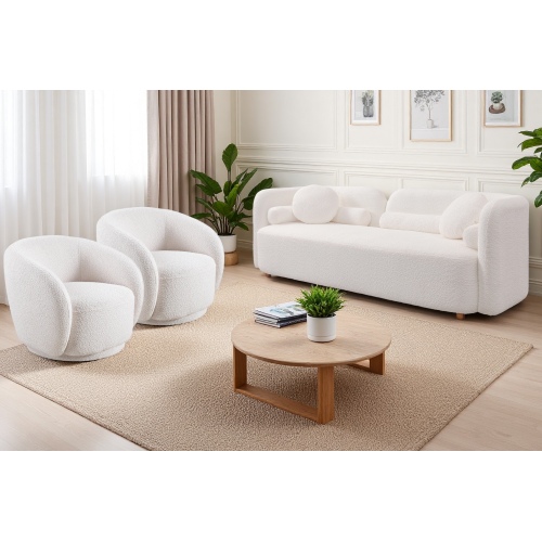3-Piece White Boucle Living Room Set with Sofa and Swivel Chairs