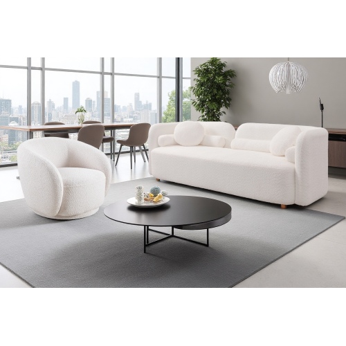 White Japandi 3-Seat Fabric Sofa and Swivel Barrel Chair Set