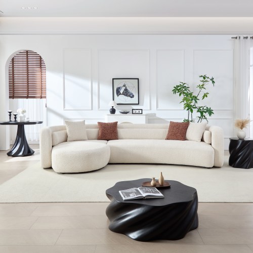 132-Inch Light Beige Polyester Boucle Curved Sectional Sofa