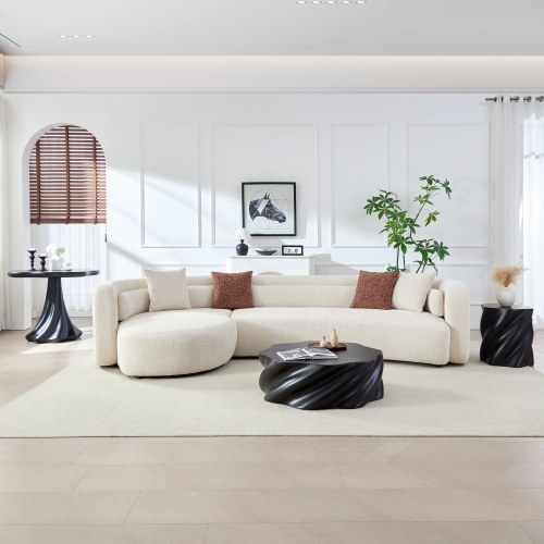 132-Inch Light Beige Polyester Curved Sectional Sofa with Chaise - Light beige - Solid Wood - Foam - Minimalist,Modern - Primary Living Space - Eucalyptus - Polyester - Square Arms - Tight Back - 3 Seat - Medium-Soft - Heavy Duty