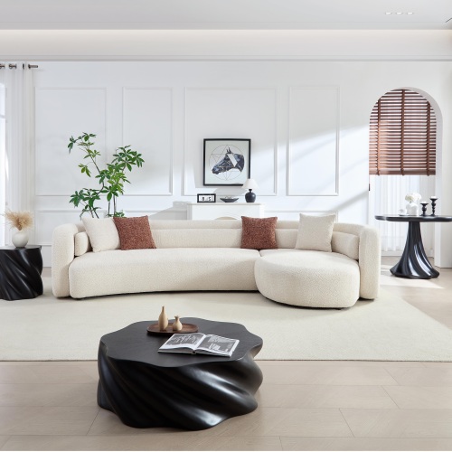 132-Inch Light Beige Polyester Curved Sectional Sofa with Chaise - Light beige - Solid Wood - Foam - Minimalist,Modern - Primary Living Space - Eucalyptus - Polyester - Square Arms - Tight Back - 3 Seat - Medium-Soft - Heavy Duty
