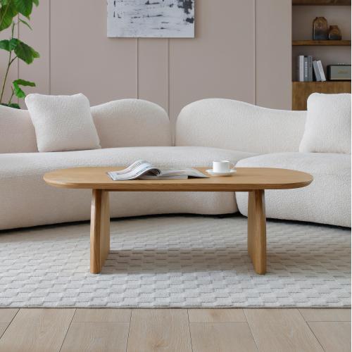 47.24-Inch Natural Wood Oval MDF Coffee Table with H-Shape Base