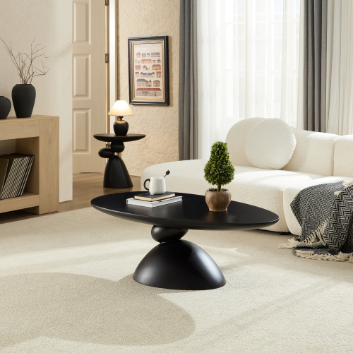 47.24-Inch Black Fiberglass Oval Coffee Table with Sculptural Base