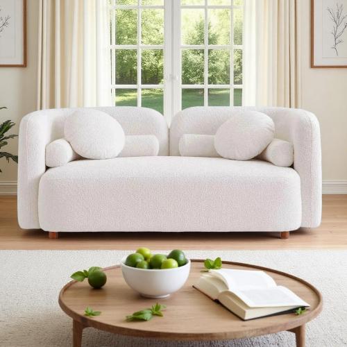 Modern White Boucle 2-Seat Sofa with Eucalyptus Wood Frame