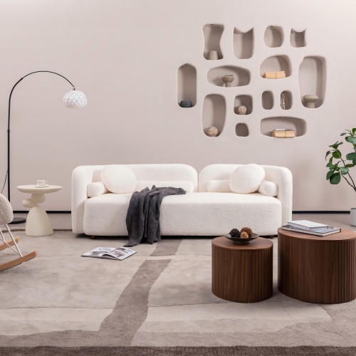 Minimalist White 3-Seat Fabric Sofa with Eucalyptus Wood Frame