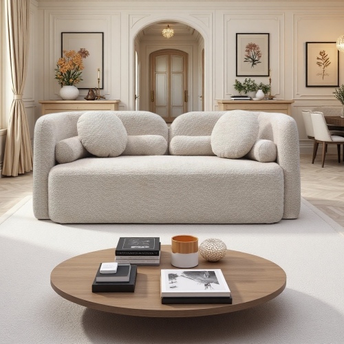 Light Beige Boucle Fabric 2-Seater Sofa with Eucalyptus Wood Frame