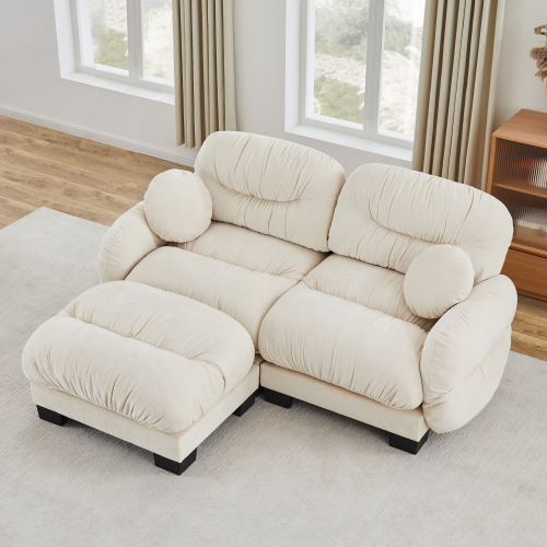 Beige Pleated Chenille 2-Seater Modular L-Shaped Sofa with Ottoman