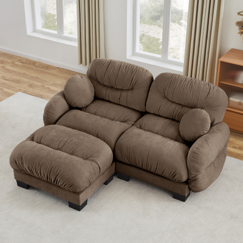 Brown Chenille 2-Seat L-Shaped Modular Sofa with Ottoman and Pillows