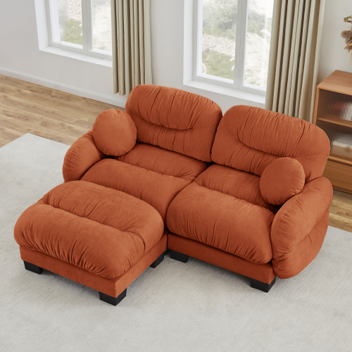 Pleated Orange Chenille 2-Seat Modular L-Shaped Sofa with Ottoman