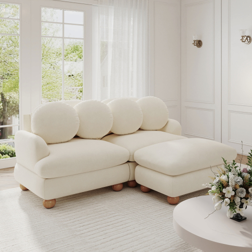 Beige Chenille 2-Seat Loveseat with Ottoman and 4 Throw Pillows