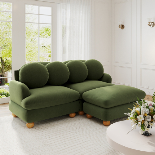 Green Chenille 2-Seat Deep Sofa with Ottoman and 4 Throw Pillows