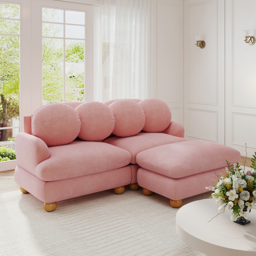 Pink Chenille 2-Seat Deep Loveseat Sofa with Movable Ottoman