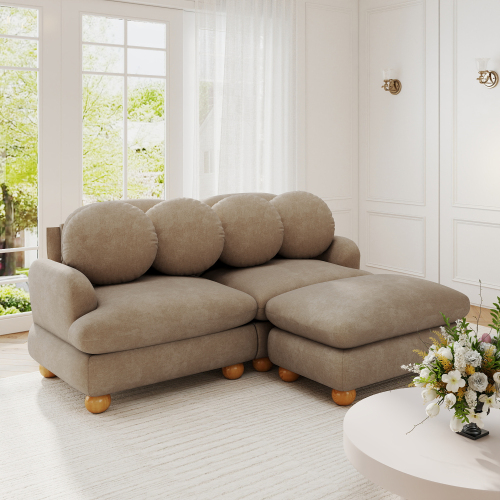 Camel Chenille 2-Seat Loveseat Sofa with Ottoman and 4 Pillows