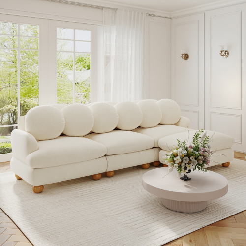Beige Chenille 3-Seat Modular Sectional Sofa with Movable Ottoman