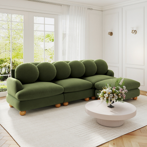 Green Chenille 3-Seat Modular Sofa with Movable Ottoman and Pillows