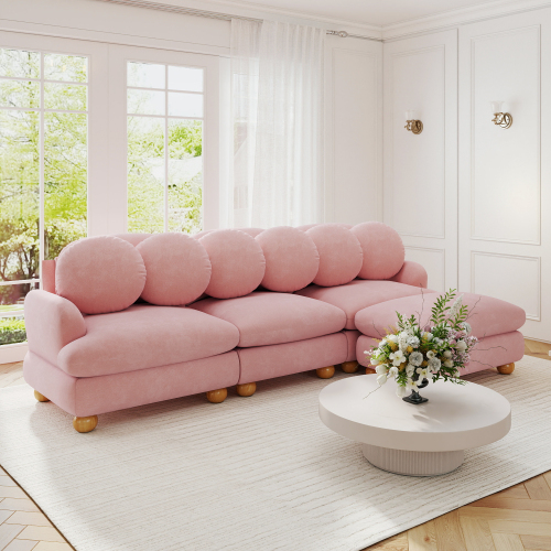 Pink Chenille 3-Seat Modular Sofa with Ottoman and 6 Pillows