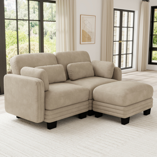 Modern Camel Chenille 2-Seat Modular Loveseat with Movable Ottoman