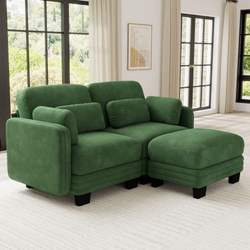 Green Chenille 2-Seat Modular Loveseat Sofa with Movable Ottoman