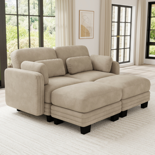 Camel Chenille 2-Seat Modular Loveseat Sofa with 2 Ottomans