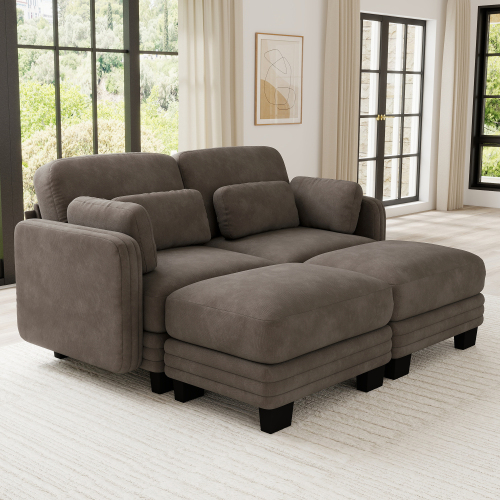 Brown Chenille 2-Seat Modular Loveseat Sofa with Two Movable Ottomans