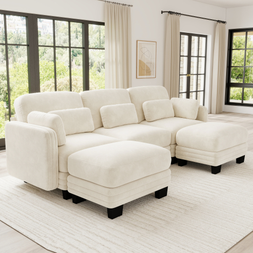 Beige Chenille 3-Seat Channel-Tufted Modular U-Sofa with 2 Ottomans