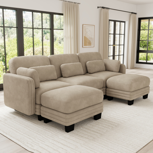 Camel Chenille 3-Seat Modular U-Shaped Sofa with 2 Ottomans