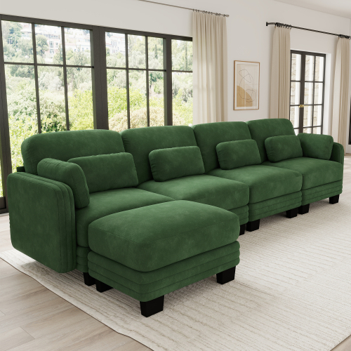Green Chenille 4-Seat U-Shaped Modular Sofa with Movable Ottoman