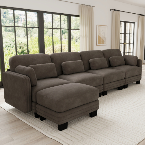 Brown Chenille 4-Seat U-Shaped Modular Sofa with Movable Ottoman