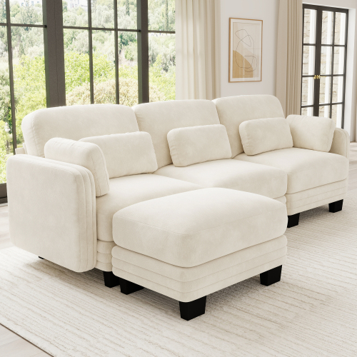 Beige Chenille 3-Seat Modular L-Shaped Sofa with Movable Ottoman