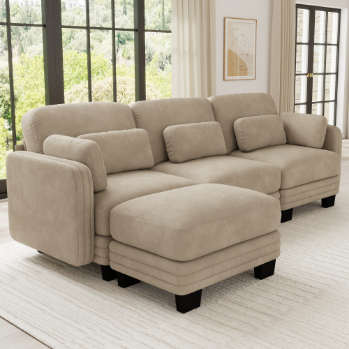 Camel Chenille 3-Seater Tufted L-Shape Modular Sectional Sofa