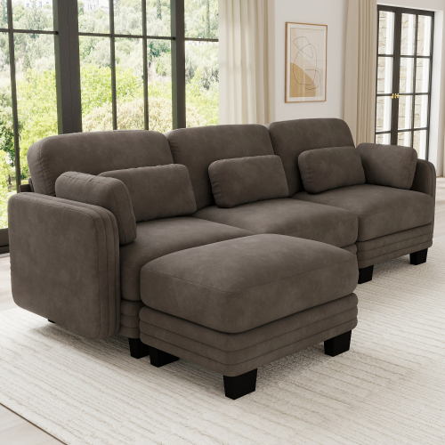 Brown Chenille 3-Seat Modular L-Shaped Sofa with Movable Ottoman