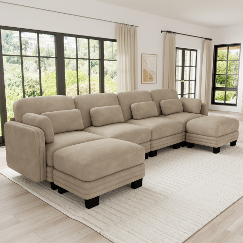 Camel Chenille 4-Seater U-Shaped Modular Sectional Sofa with Ottomans