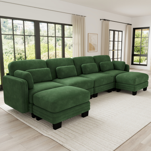Green Chenille 4-Seat U-Shape Modular Sectional Sofa with Ottomans