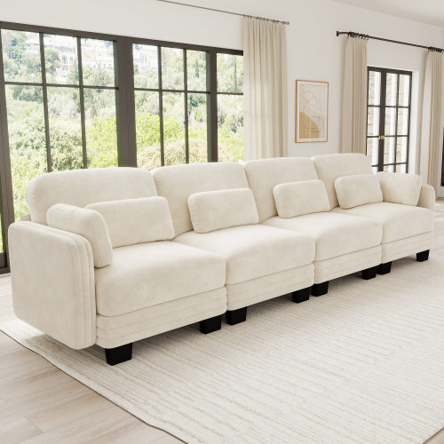 Beige Chenille Channel-Tufted 4-Seat Modular Sectional Sofa