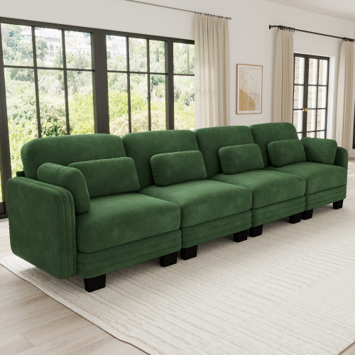 Modern Green Chenille 4-Seat Modular Sofa with Channel Tufting