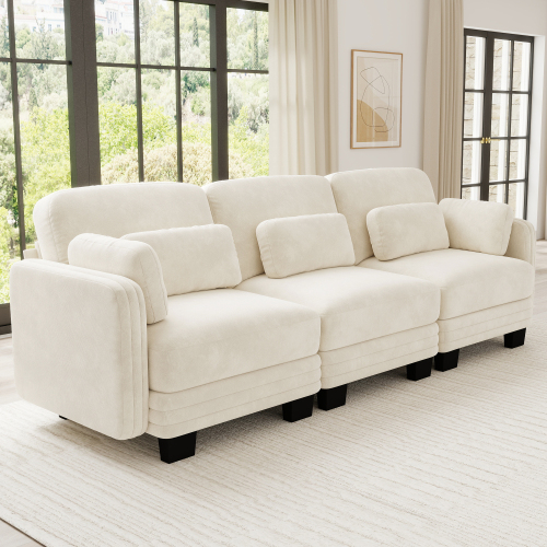 Beige Chenille 3-Seat Modular Sectional Sofa with Channel Tufting
