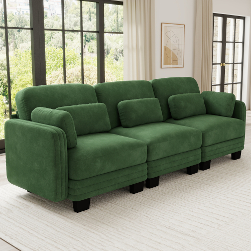 Green Chenille 3-Seat Modular Sofa with Channel-Tufted Design